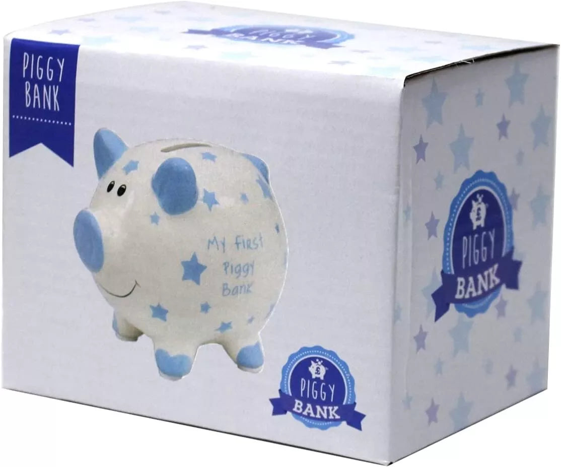 Packaging box showing the piggy bank and blue star details