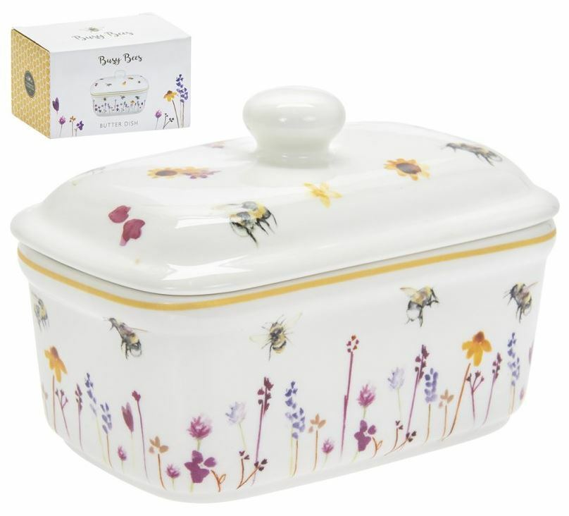 Decorative bee-themed ceramic butter keeper with floral illustrations