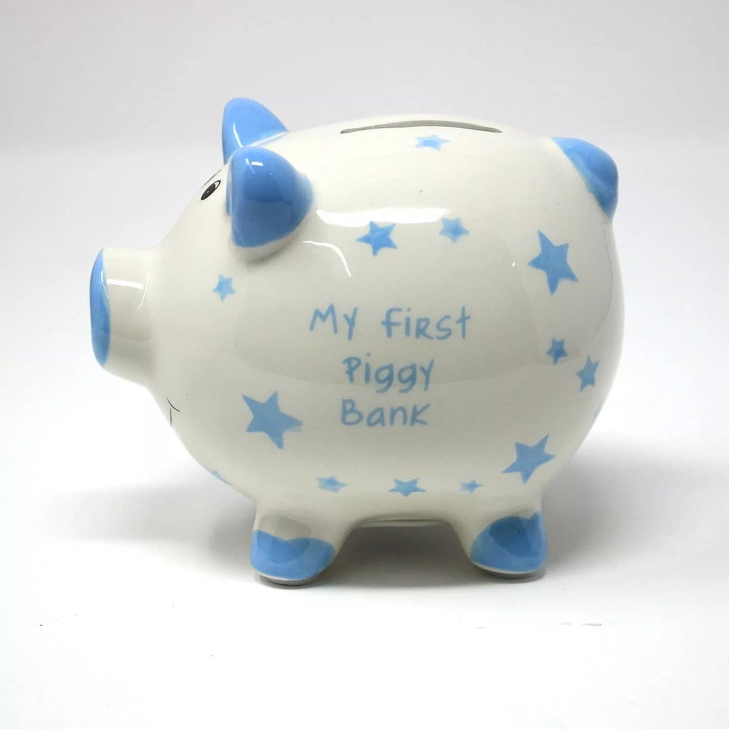 Side view of ceramic piggy bank with “My First Piggy Bank” inscription