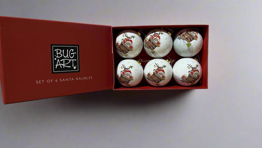 Set of 6 Christmas Bug Art Santa Baubles