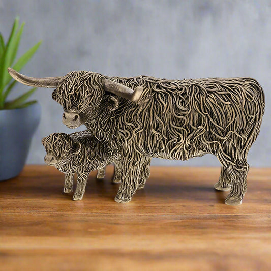 Bronze Highland Coo & Wee Calf Figurine
