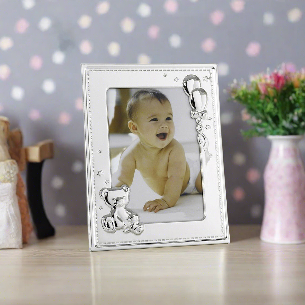 Silver Photo Frame with Teddy and Balloons - 5" x 7" Photo