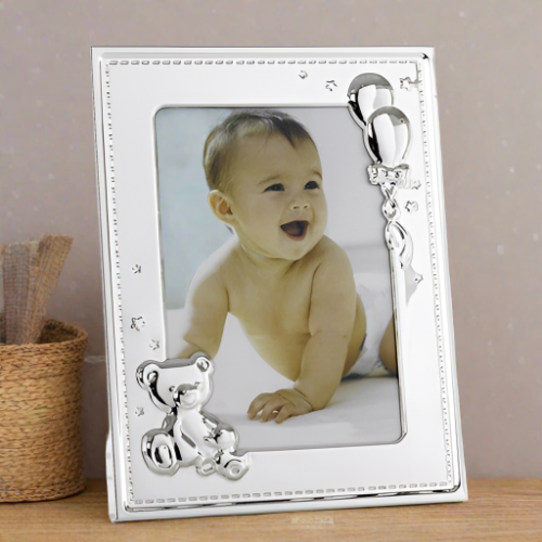 Silver Photo Frame with Teddy and Balloons - 5" x 7" Photo