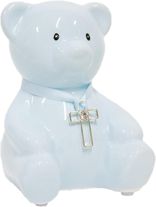 Blue Teddy Money Bank With Cross and Diamante