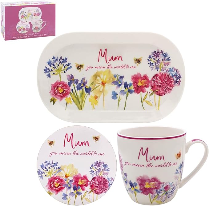 Mum Fine China Mug, Coaster and Tray Set - "Mum you mean the world to me"