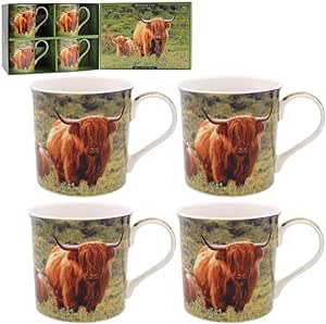 Country Highland Cow & Calf Fine China Mugs Set of 4