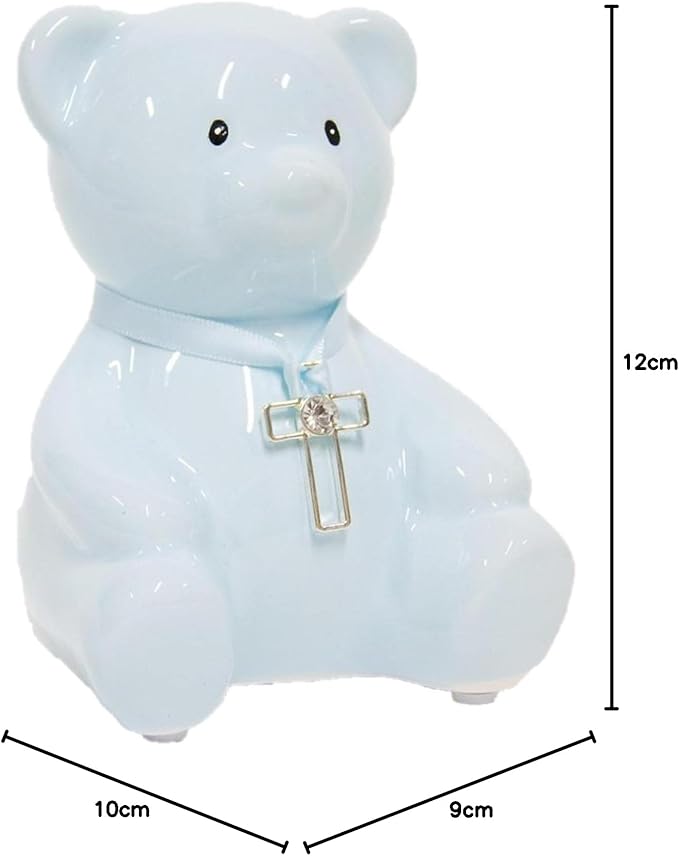 Blue Teddy Money Bank With Cross and Diamante