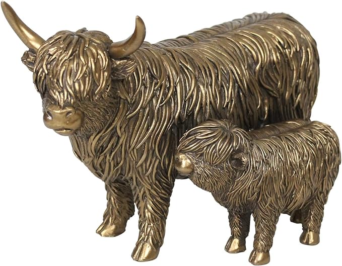 Bronze Highland Cow and Calf Ornament Figure