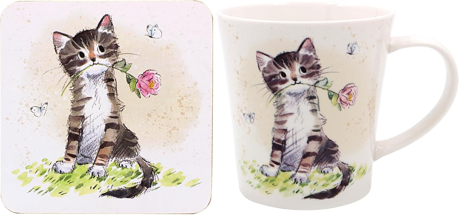 Leonardo Collection cat with rose mug and coaster set
