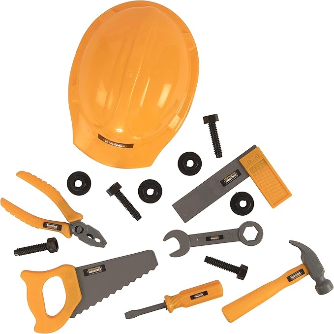 Kids toy construction tool set with hammer, saw, pliers, and helmet included