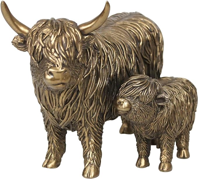 Bronze Highland Cow and Calf Ornament Figure