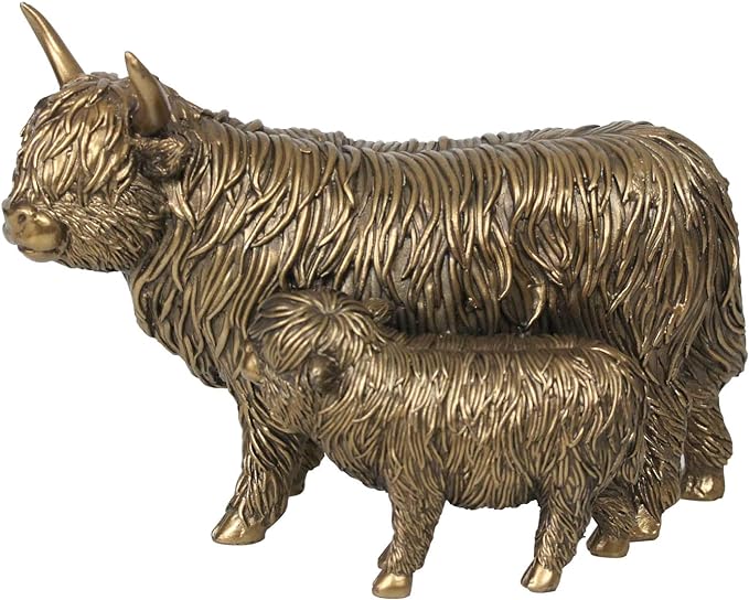 Bronze Highland Cow and Calf Ornament Figure