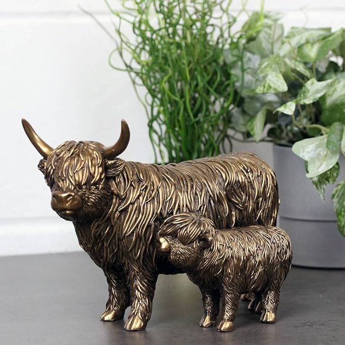 Bronze Highland Cow and Calf Ornament Figure