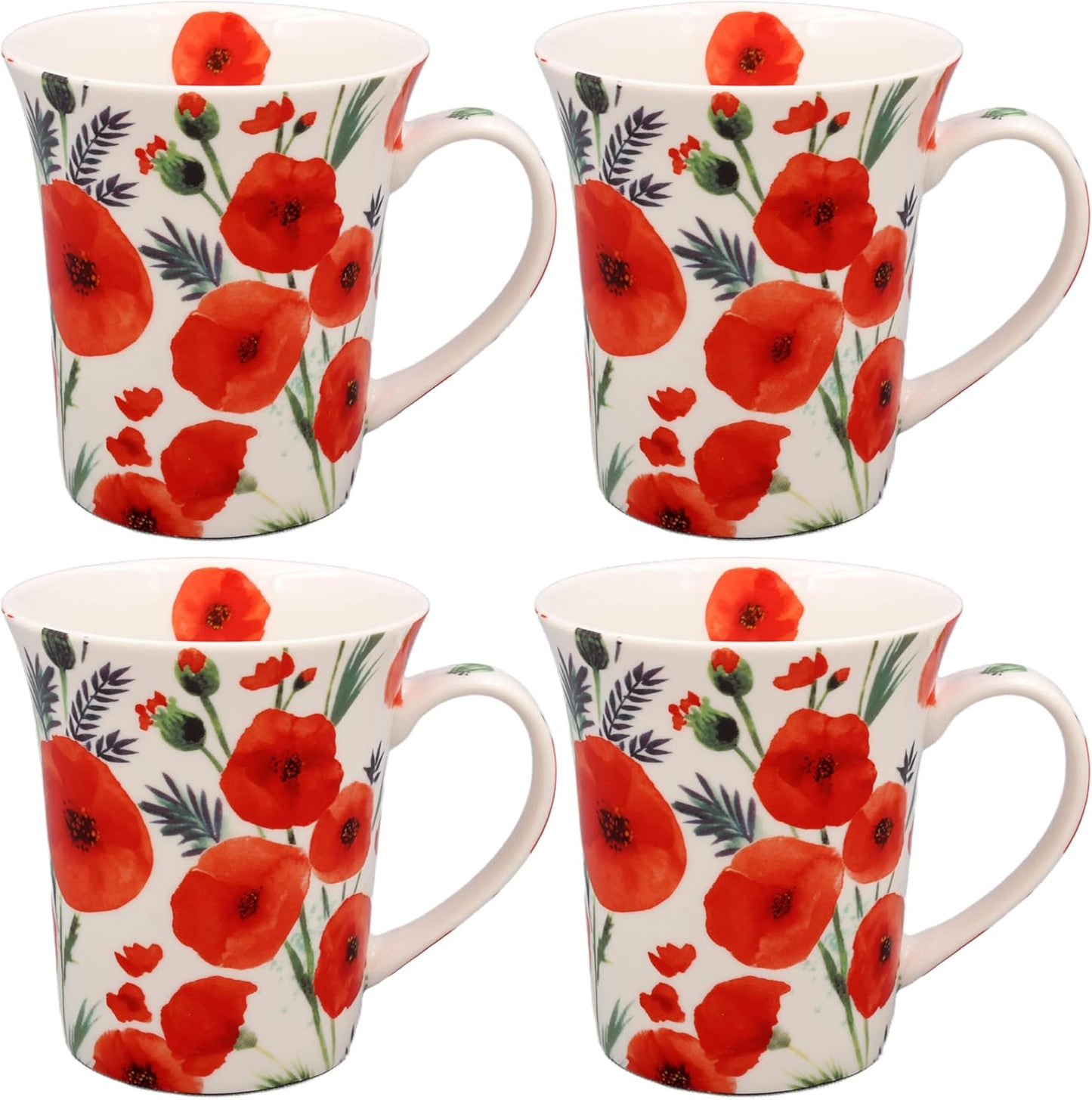 Set of four red poppy coffee mugs front view