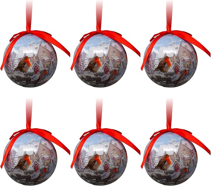 Set of 6 Traditional Christmas Robin Baubles