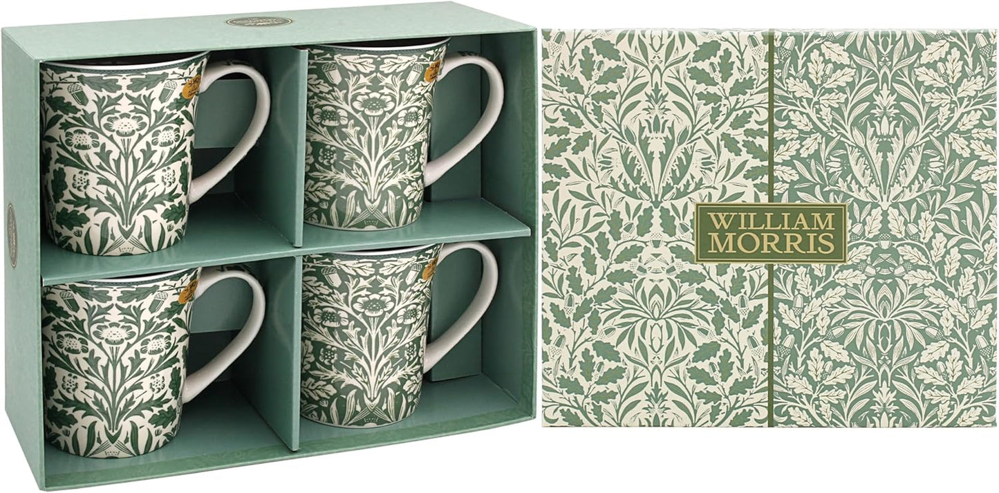 William Morris Acorn fine china mugs set of four in green gift box