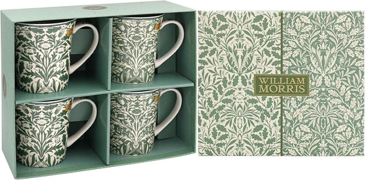 William Morris Acorn fine china mugs set of four in green gift box