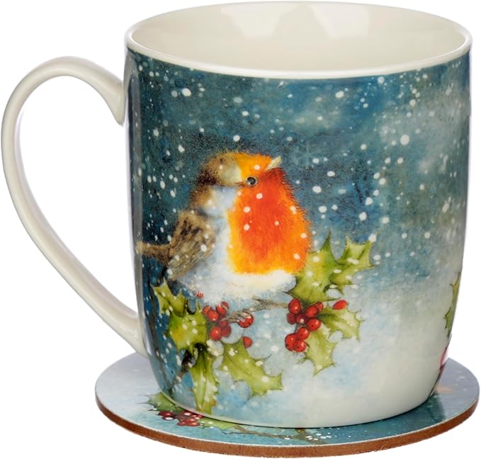 Jan Pashley Christmas Robin Porcelain Tea Coffee Mug & Coaster Set