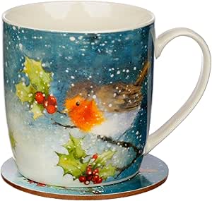 Jan Pashley Christmas Robin Porcelain Tea Coffee Mug & Coaster Set