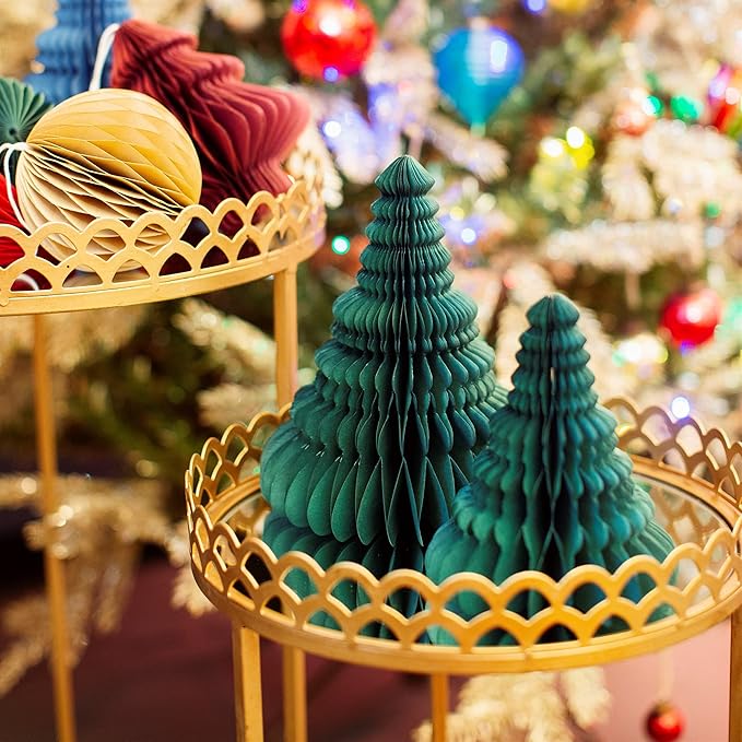 Eco-friendly green honeycomb Christmas trees by Sass & Belle displayed on gold tray