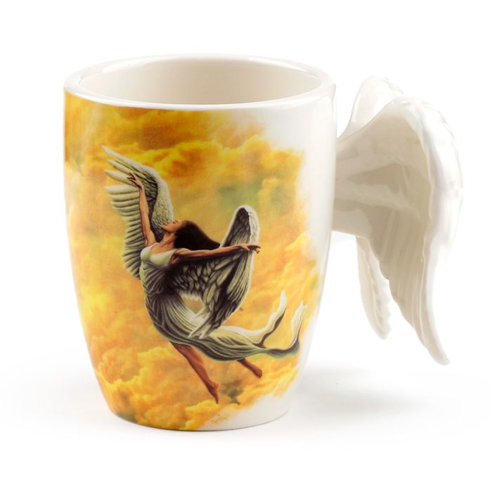 Angel Wings Shaped Handle Ceramic Mug with Decal