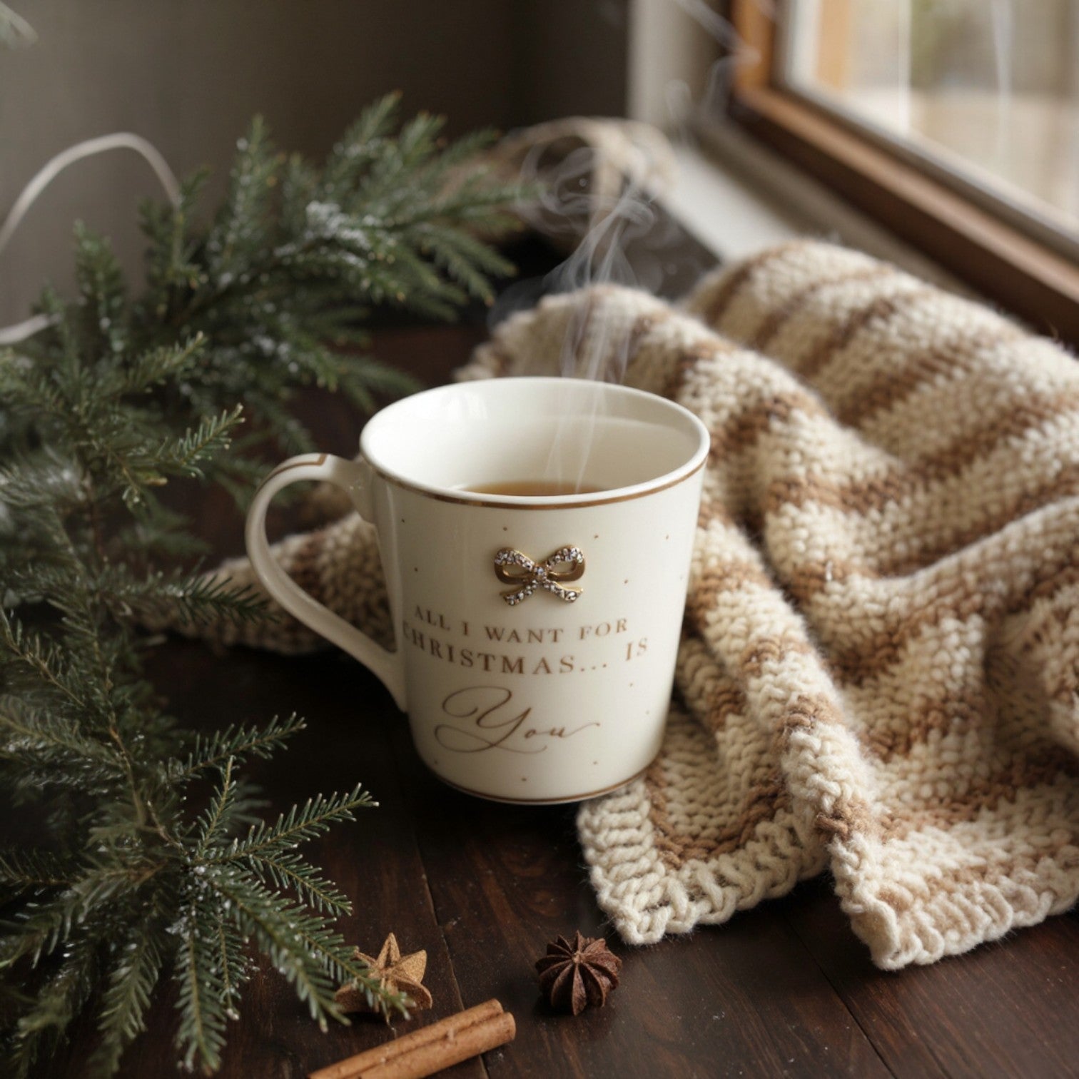 Romantic Christmas ceramic mug gift with bow detail – 300ml