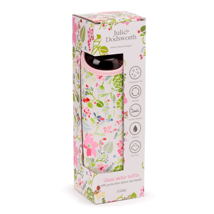 Julie Dodsworth Pink Botanical Glass Water Bottle with Protective Sleeve