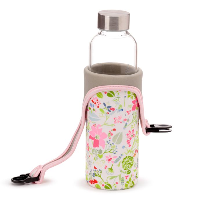 Julie Dodsworth Pink Botanical Glass Water Bottle with Protective Sleeve