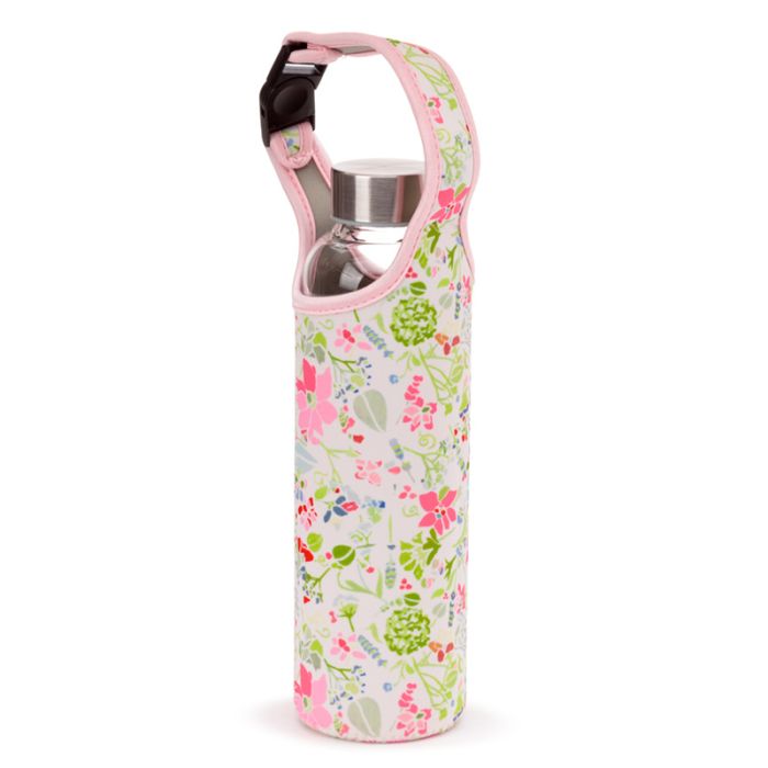 Julie Dodsworth Pink Botanical Glass Water Bottle with Protective Sleeve