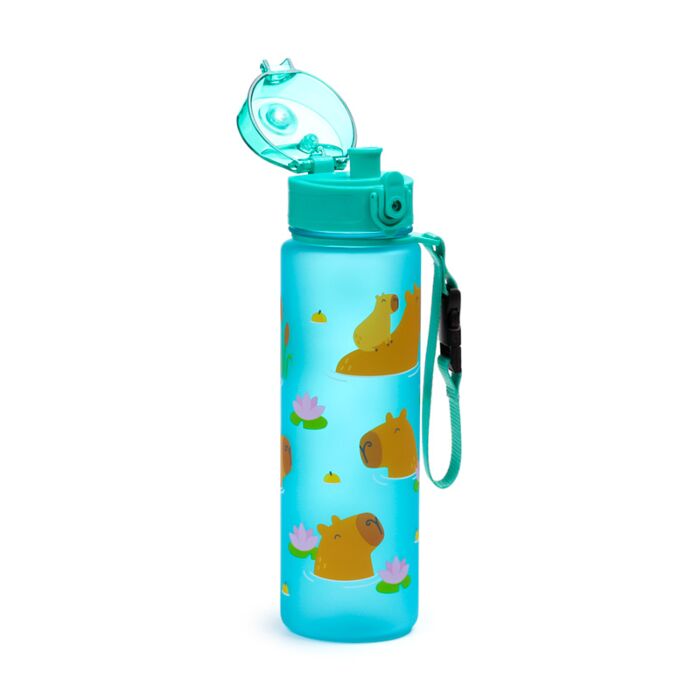 Aqua blue Capybara reusable water bottle with flip lid and strap