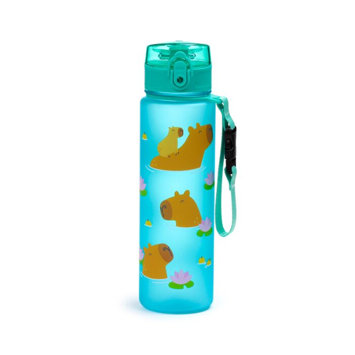 Pop-top reusable water bottle featuring capybara and lotus print