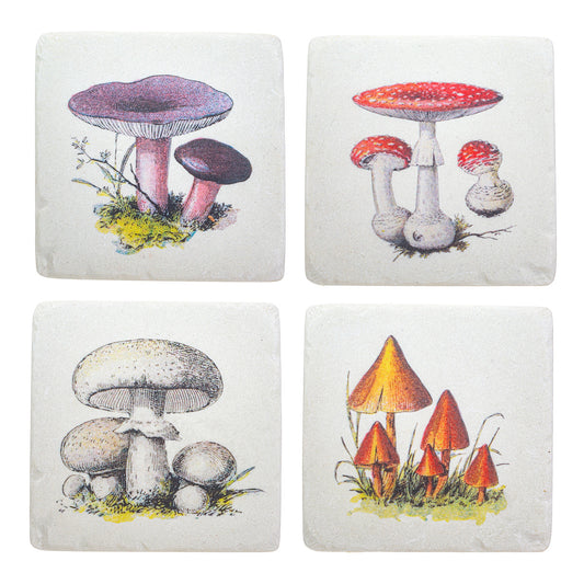 Close-up of vintage mushroom design on Sass & Belle coaster