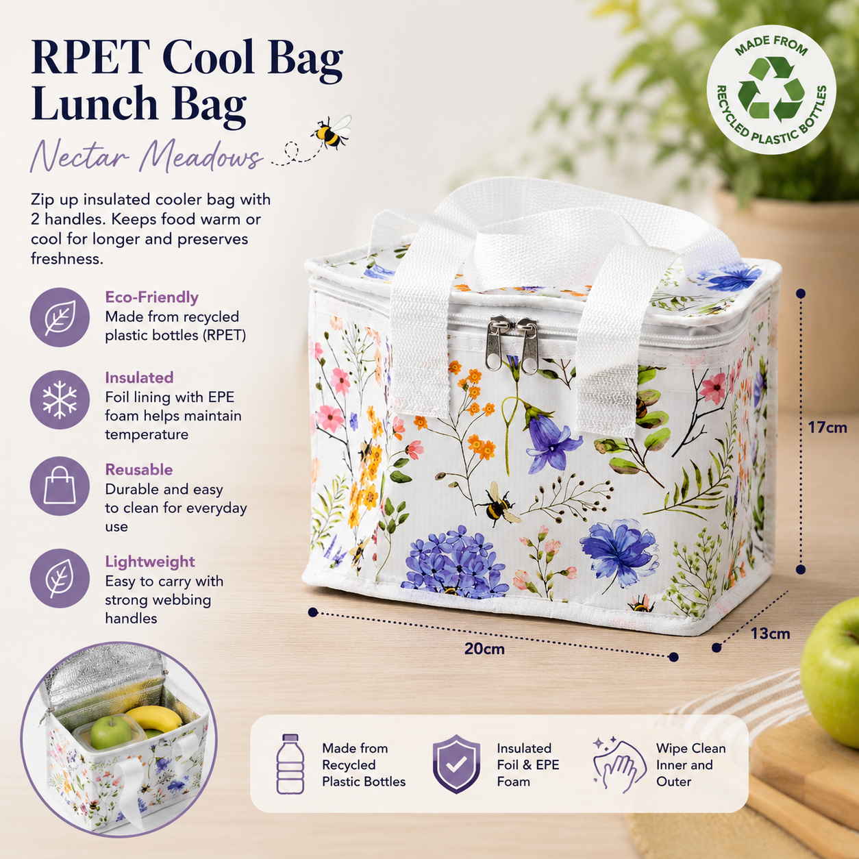 Puckator floral lunch bag reusable insulated picnic cooler