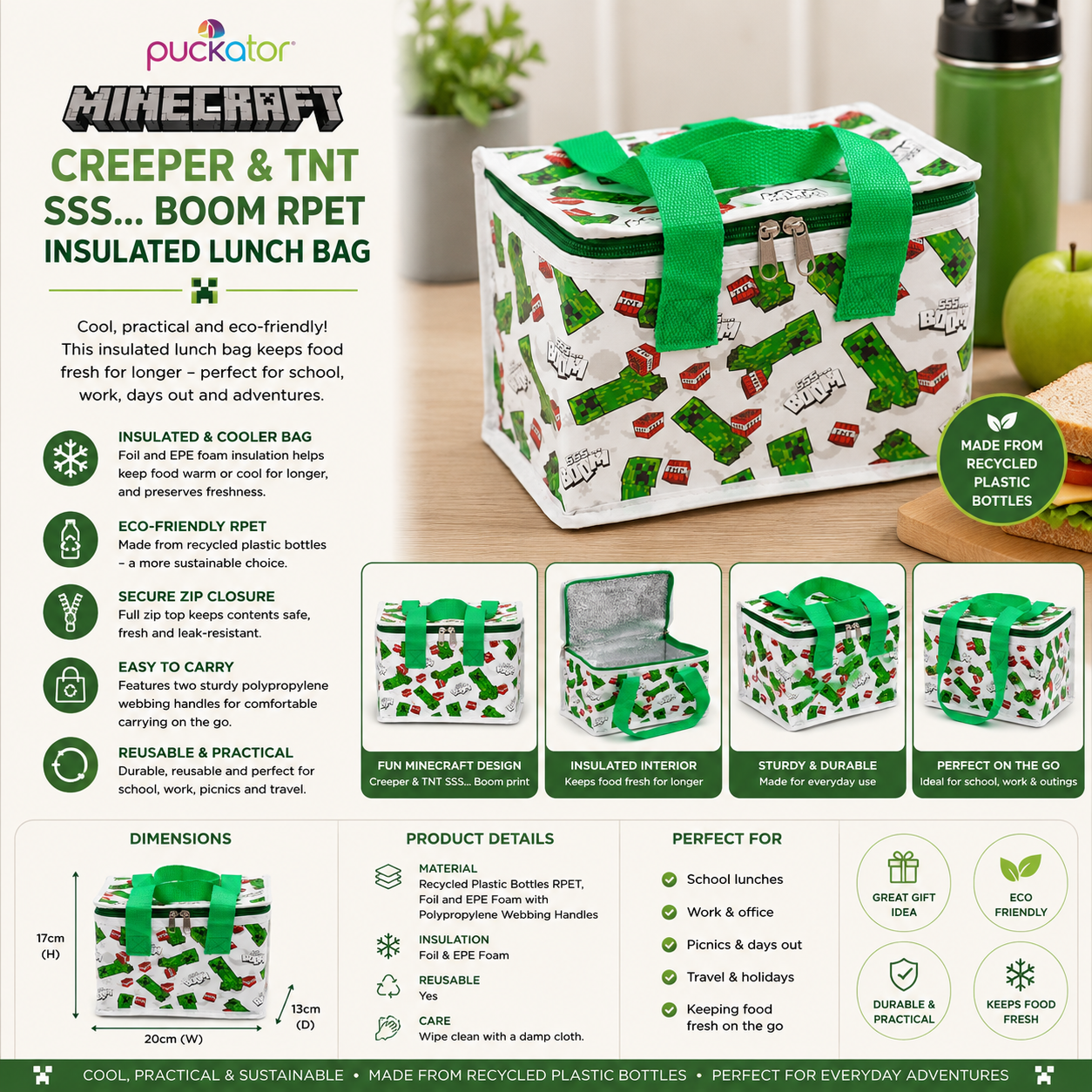 Minecraft-themed insulated lunch bag with green handles on a white background