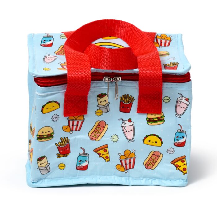 Side angle Foodiemals lunch bag with fast food characters