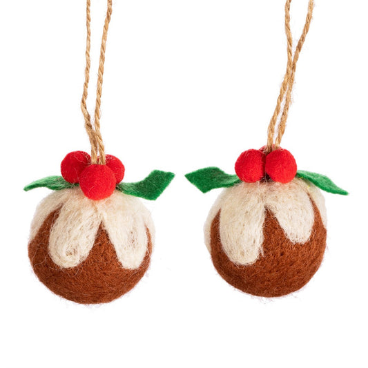 Set of 2 Christmas Pudding Felt Hanging Decoration