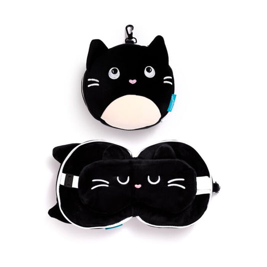 Puckator Relaxeazzz Feline Fine cat-shaped travel pillow with eye mask inside