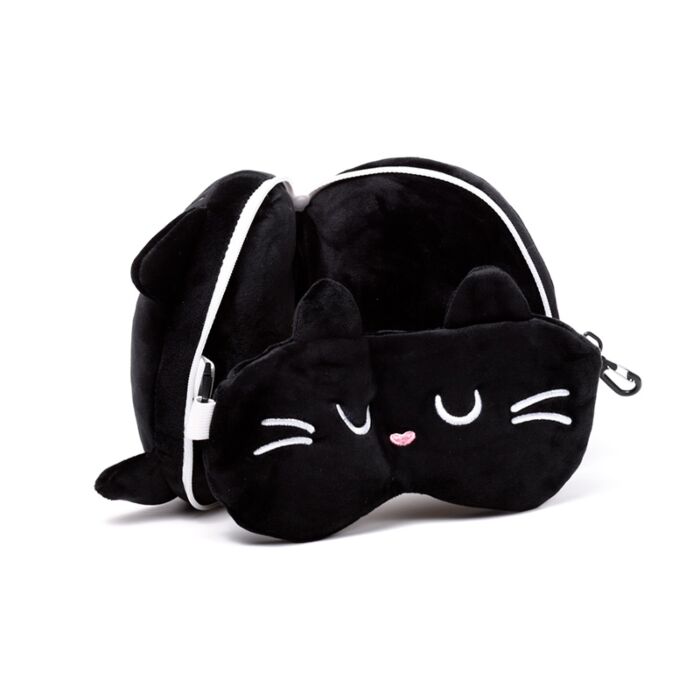 Opened Relaxeazzz pillow revealing soft black cat eye mask