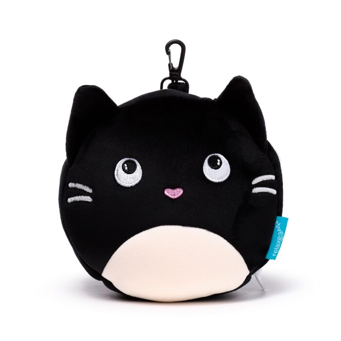 Closed travel pillow in cat design with white belly and pink nose