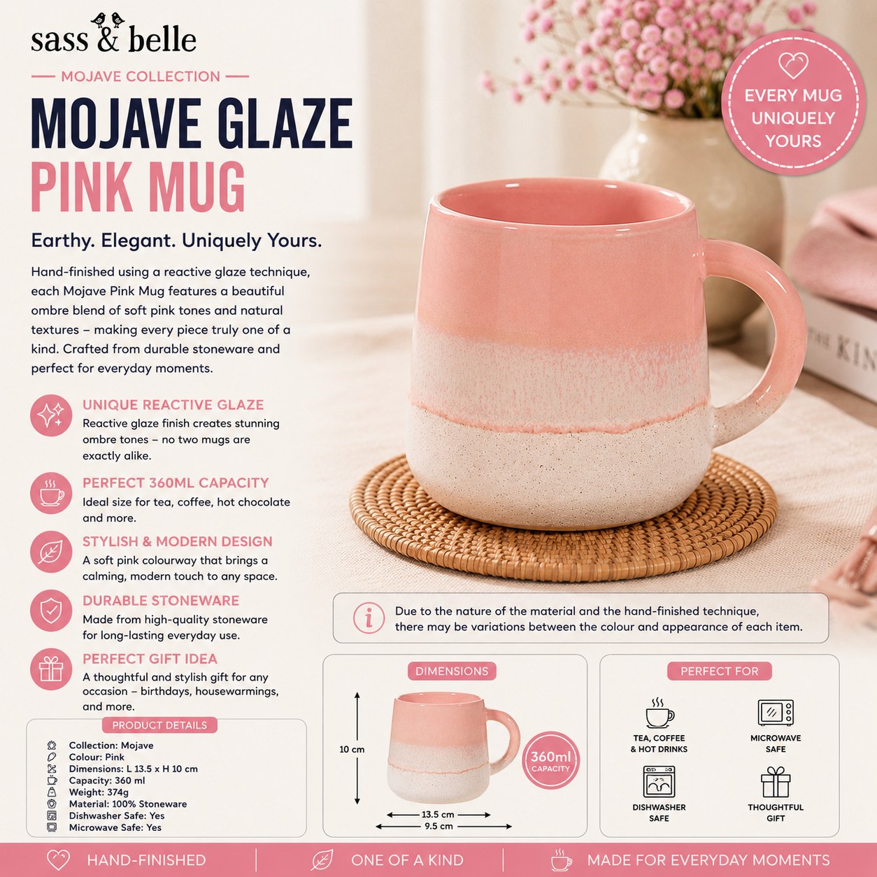 Boho stoneware coffee cup in pastel pink