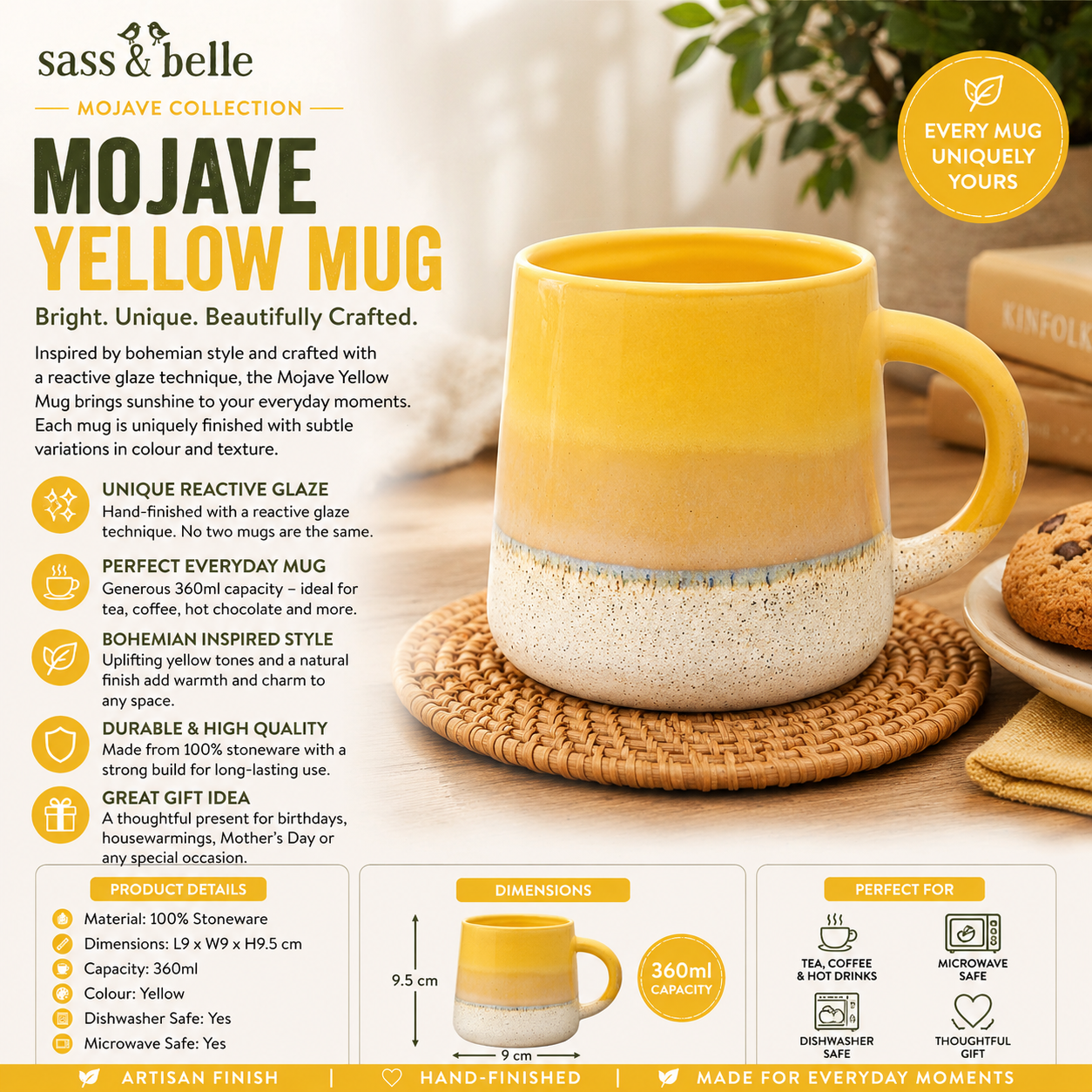 Yellow mug with white base on a wooden surface, surrounded by cookies and plants, featuring sass & belle branding.