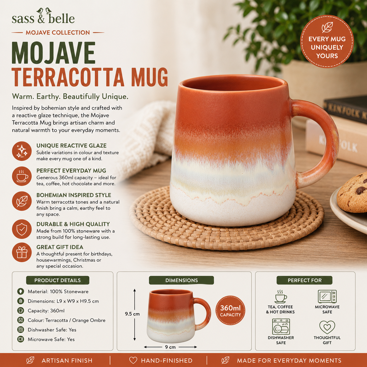 Mojave Terracotta Mug with product details on a wooden surface