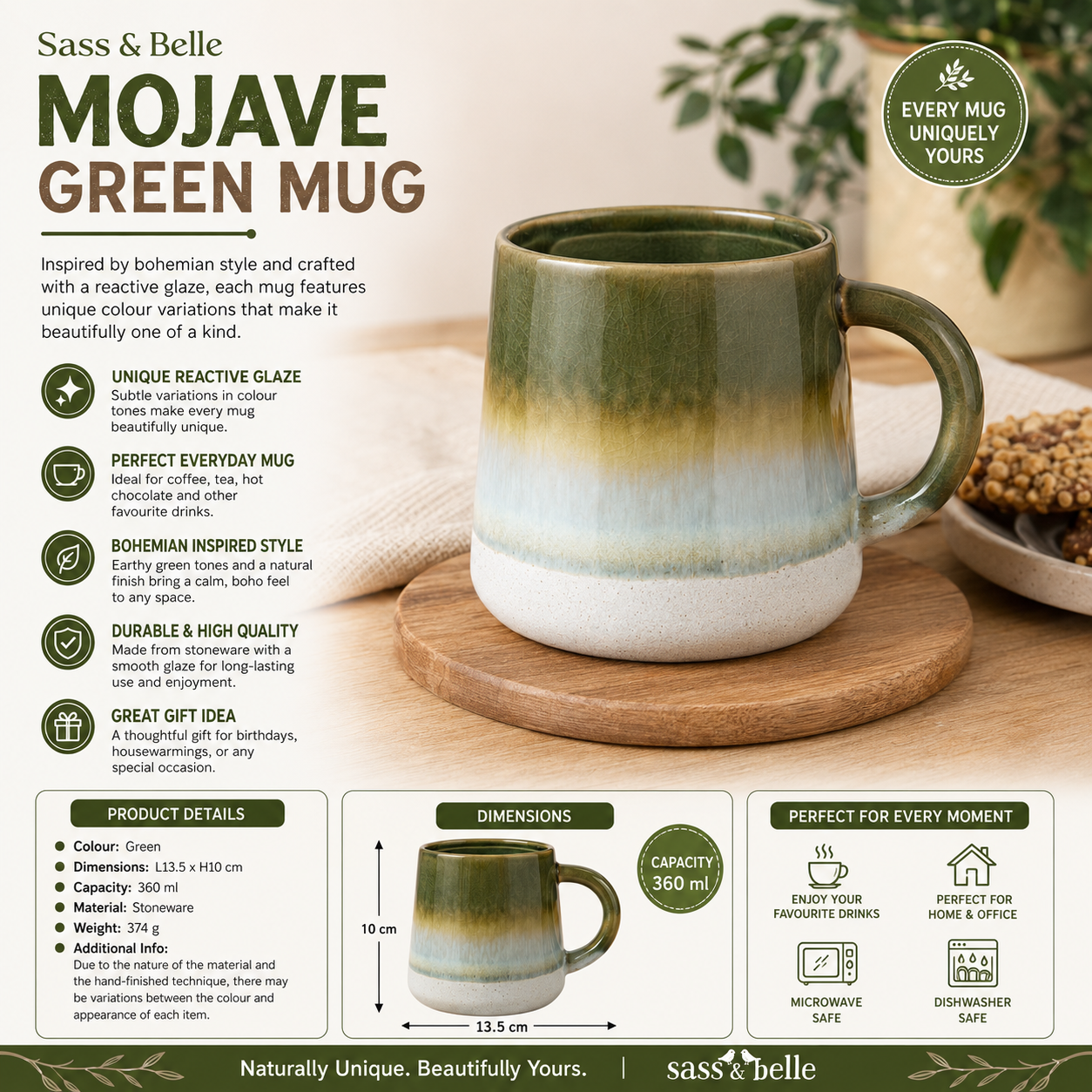 Rustic green coffee mug with reactive glaze finish