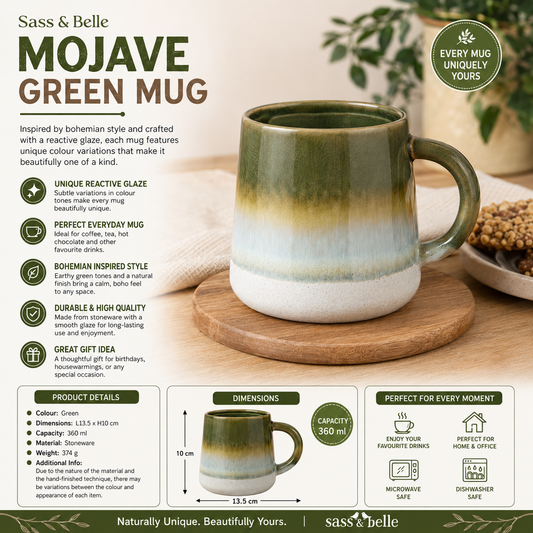 Rustic green coffee mug with reactive glaze finish