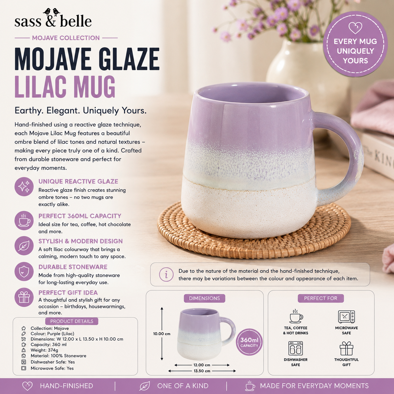 Boho stoneware coffee cup in lilac glaze