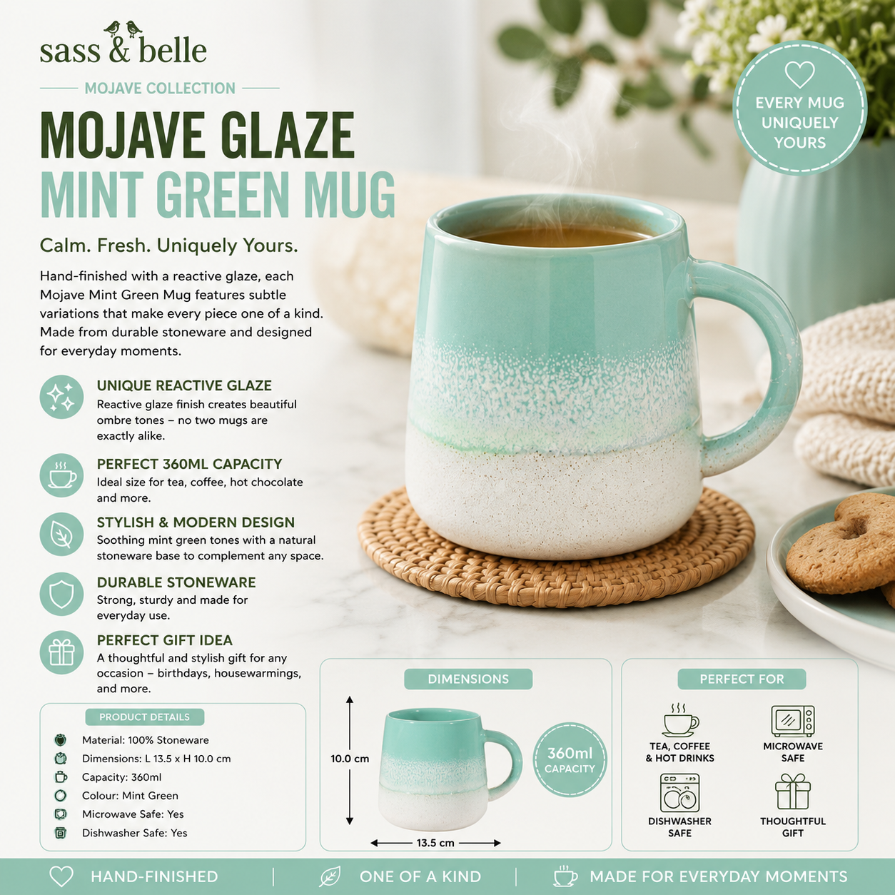Mint green mug  hand finished reactive glaze.