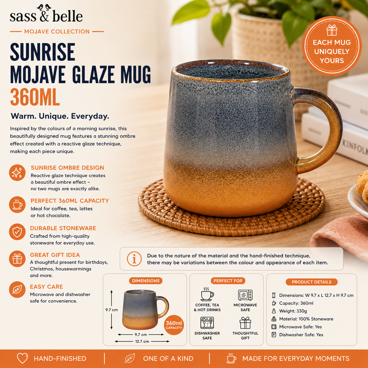 Sunrise Mojave Glaze Mug with product details on a wooden surface
