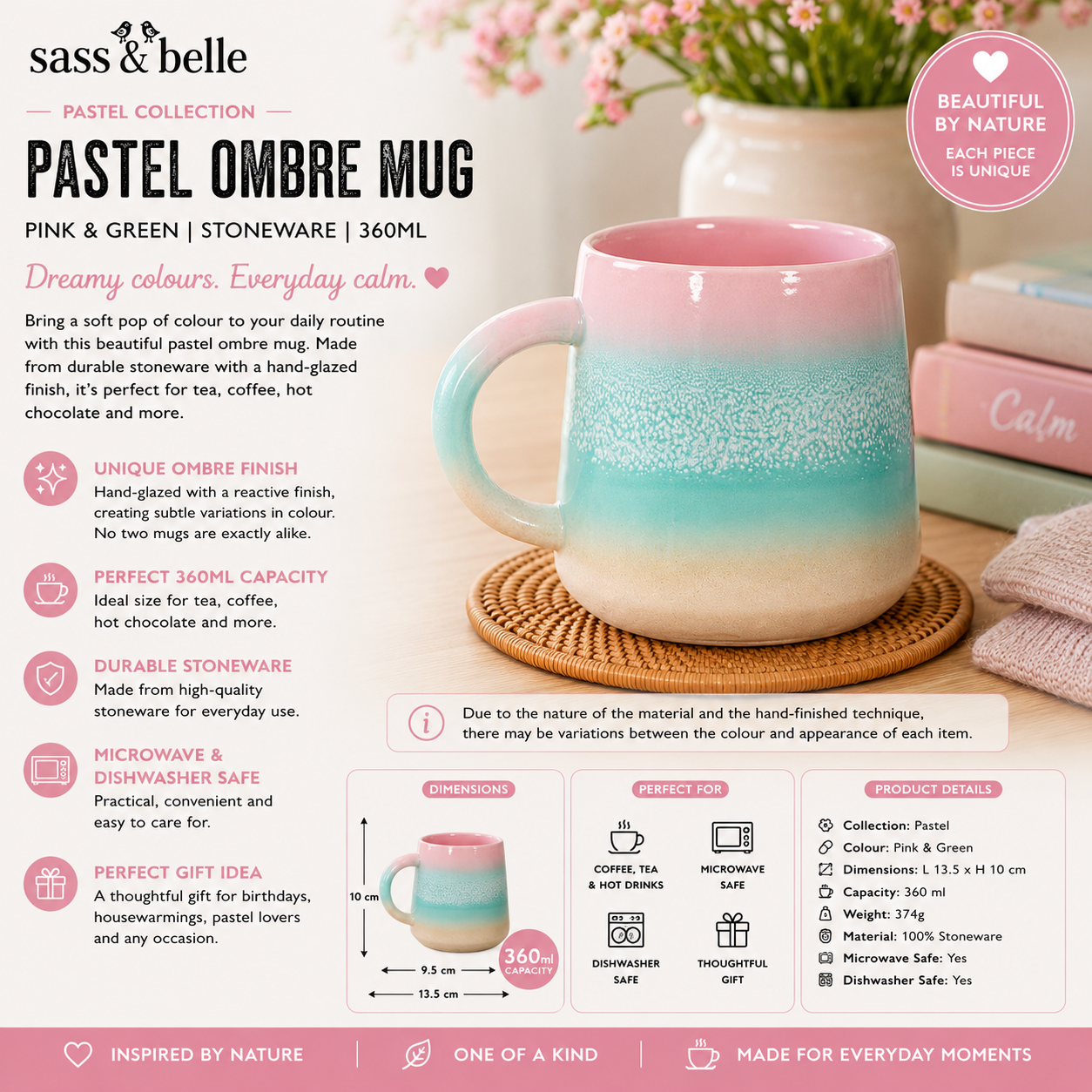 Pastel ombre mug with pink and green gradient on a table with a vase and towel in the background.