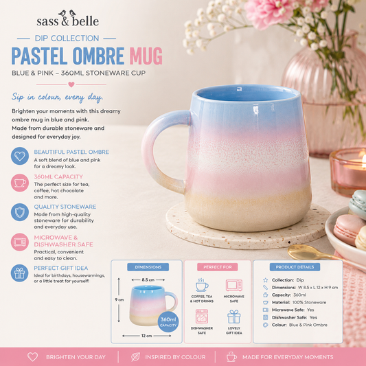 Pastel ombre mug with product details on a decorative setting
