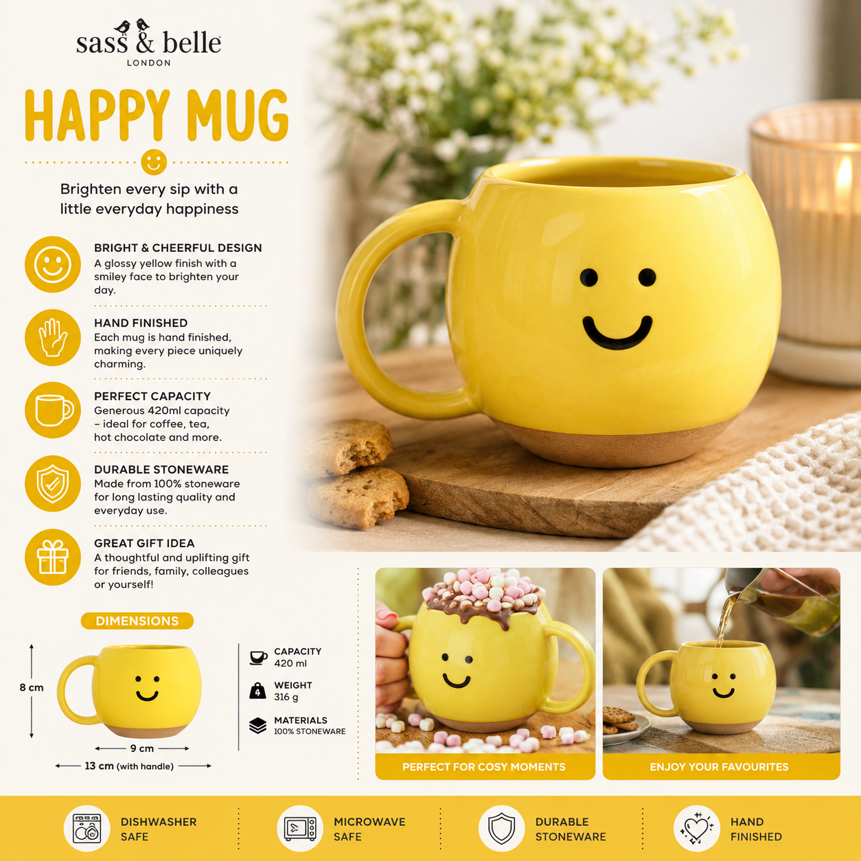 Sass and Belle Happy Mug yellow smiley face stoneware mug